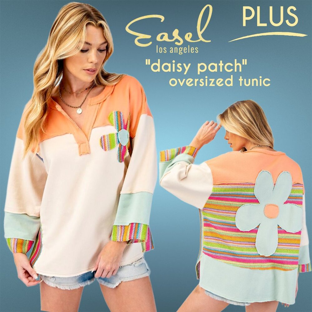 EASEL “Daisy Patch” Relaxed Fit Multi-Colored Tunic Side Slits V-Neck Fun Detail